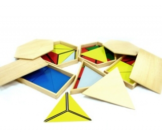 Montessori Konštrukčné trojuholníky v 5-tich škatuľkách